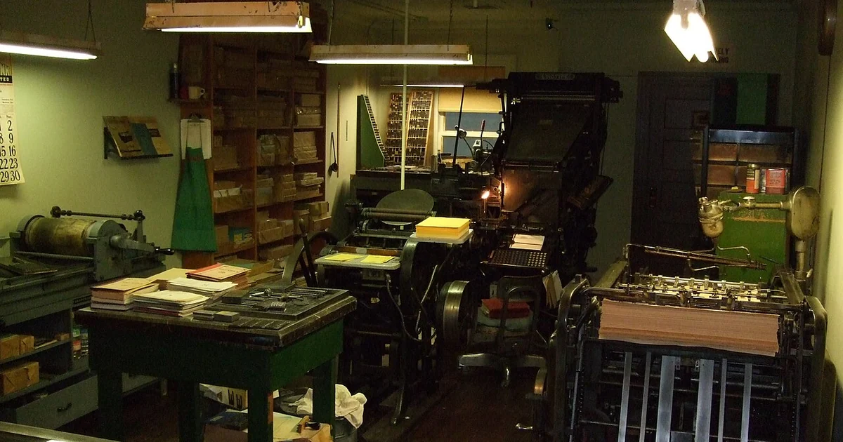 Of course, school means education. Which in turn means the written word: books and newspapers. Meaning printing presses. Here is an erstwhile printing press from the early days with manual typesetting and manual proof reading and stuff. Too